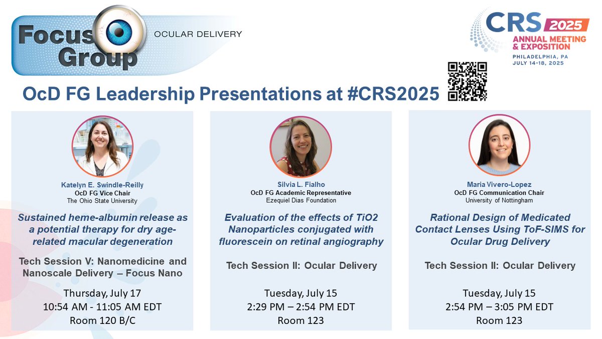 CRS Focus Group - Ocular Delivery (@crs_fg_ocular) on Twitter photo 🚨 <a href="/CRS_FG_Ocular/">CRS Focus Group - Ocular Delivery</a> Leadership Presentations 👁️
Our board members (<a href="/SwindleReilly/">Swindle-Reilly</a>, <a href="/SilviaLFialho/">Silvia Fialho</a> & <a href="/Farmatps/">Maria Vivero-Lopez | PhD</a>) will be sharing their work at #CRS2025
🤝 Don’t miss the chance to connect and learn more about #OcularDelivery
🗓️ Mark your calendars! <a href="/CRSScience/">Controlled Release Society</a> 🚨 <a href="/CRS_FG_Ocular/">CRS Focus Group - Ocular Delivery</a> Leadership Presentations 👁️
Our board members (<a href="/SwindleReilly/">Swindle-Reilly</a>, <a href="/SilviaLFialho/">Silvia Fialho</a> & <a href="/Farmatps/">Maria Vivero-Lopez | PhD</a>) will be sharing their work at #CRS2025
🤝 Don’t miss the chance to connect and learn more about #OcularDelivery
🗓️ Mark your calendars! <a href="/CRSScience/">Controlled Release Society</a>