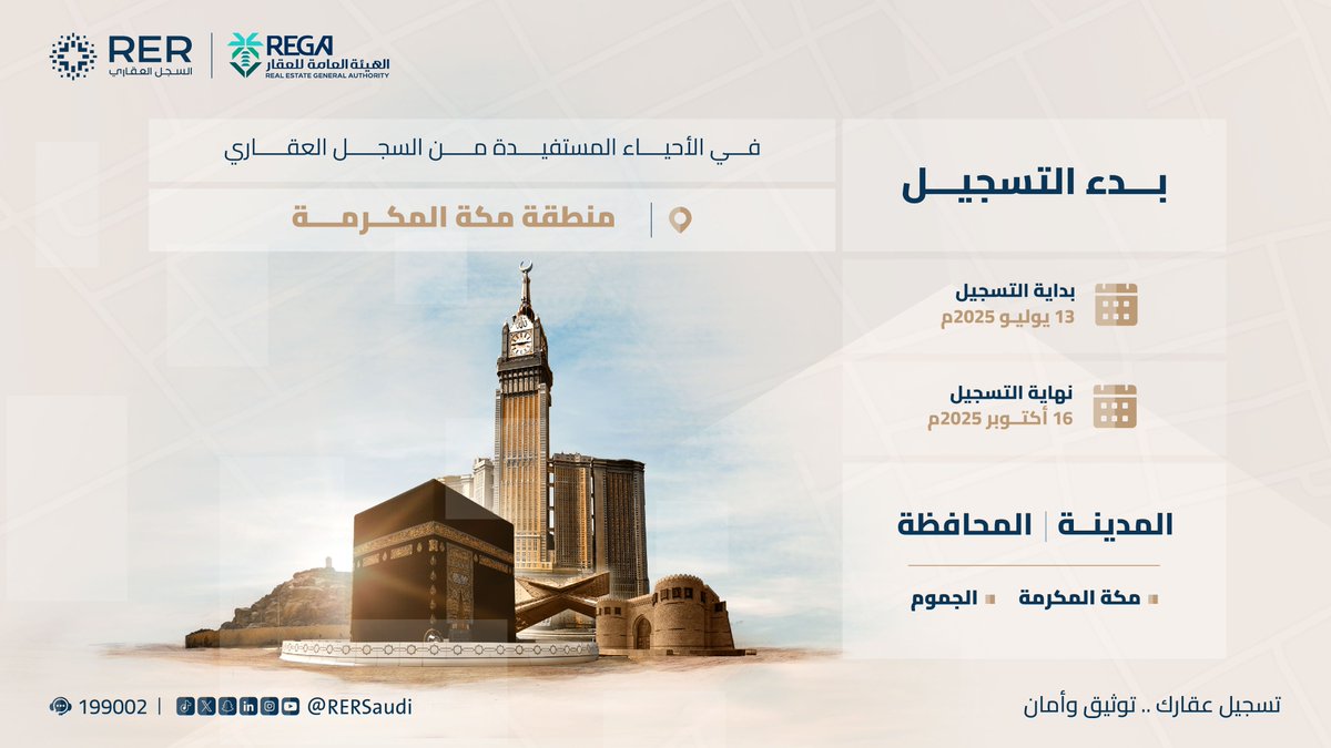 RERSaudi's tweet photo. يعلن #السجل_العقاري عن بدء التسجيل العيني الأول في مكة المكرمة ومحافظة الجموم ضمن الرحلة الشاملة لتسجيل جميع العقارات بالمملكة.
#سجل_عقارك_الآن:
https://t.co/ktKsW17dCN https://t.co/yQ6t8CJW9w