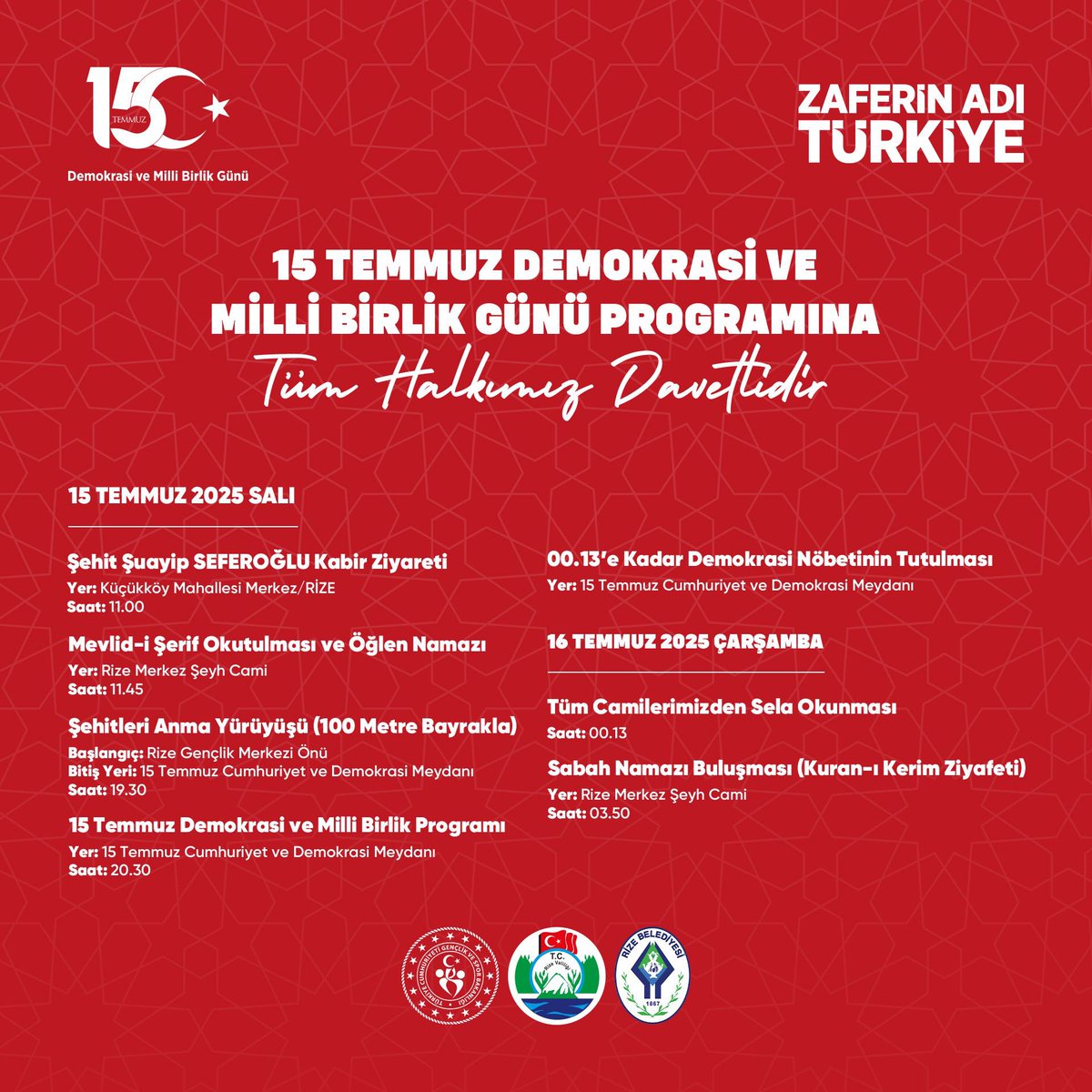 #15Temmuz Demokrasi ve Millî Birlik Günü programlarımıza tüm vatandaşlarımız davetlidir. 🇹🇷

#ZaferinAdıTürkiye 
#ÖzgürlüğünAdıTürkiye
#DemokrasininAdıTürkiye
#BağımsızlığınAdıTürkiye
#KahramanlığınAdıTürkiye
#İnancınAdıTürkiye
#CesaretinAdıTürkiye
#MilletinAdıTürkiye