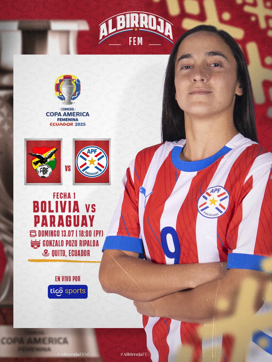 🗣️ ¡Hoy juega la #AlbirrojaFEM! ⚪️🔴

🆚 <a href="/laverde_fbf/">LA VERDE 🇧🇴</a> 
🏆CONMEBOL <a href="/CopaAmerica/">CONMEBOL Copa América™️</a> 
🏟️ Gonzalo Pozo Ripalda, Quito. 
🕕 18:00 h
📺 <a href="/TigoSportsPY/">Tigo Sports</a> 

🗞️ is.gd/NJLvPX

¡A dejarlo todo, chicas! 
#VamosParaguay 🇵🇾