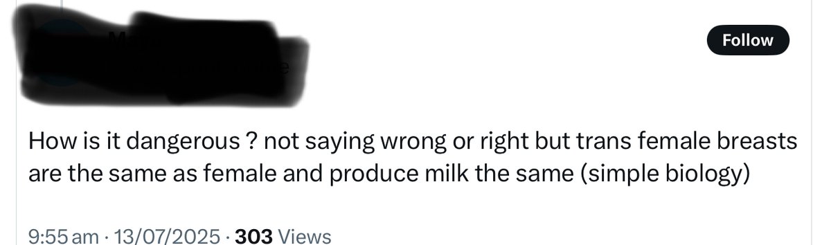 WeAreWithWoman's tweet image. Can we kill this stupid idea that a male on hormones produces breastmilk like a mother’s?
Men’s hormone regime omits prolactin (milk-making hormone which mothers produce post birth); they can’t make colostrum; the amount they can produce is minuscule; the drugs given have risks.