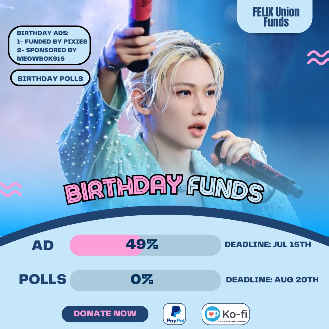 FELIXUnionFunds's tweet image. 🎁 #FELIX Birthday Funds
⌛️Birthday Ad: D-02🚨
🎯 $ 1000 (49%)
⌛️Birthday Polls: D-38
🎯 $ 2500 (0%)
Paypal: paypal.com/paypalme/felix…
Ko-fi: ko-fi.com/felixunionfunds
Every contribution matters! Your support is always appreciated 🙏
#李龙馥 #필릭스 #フィリックス