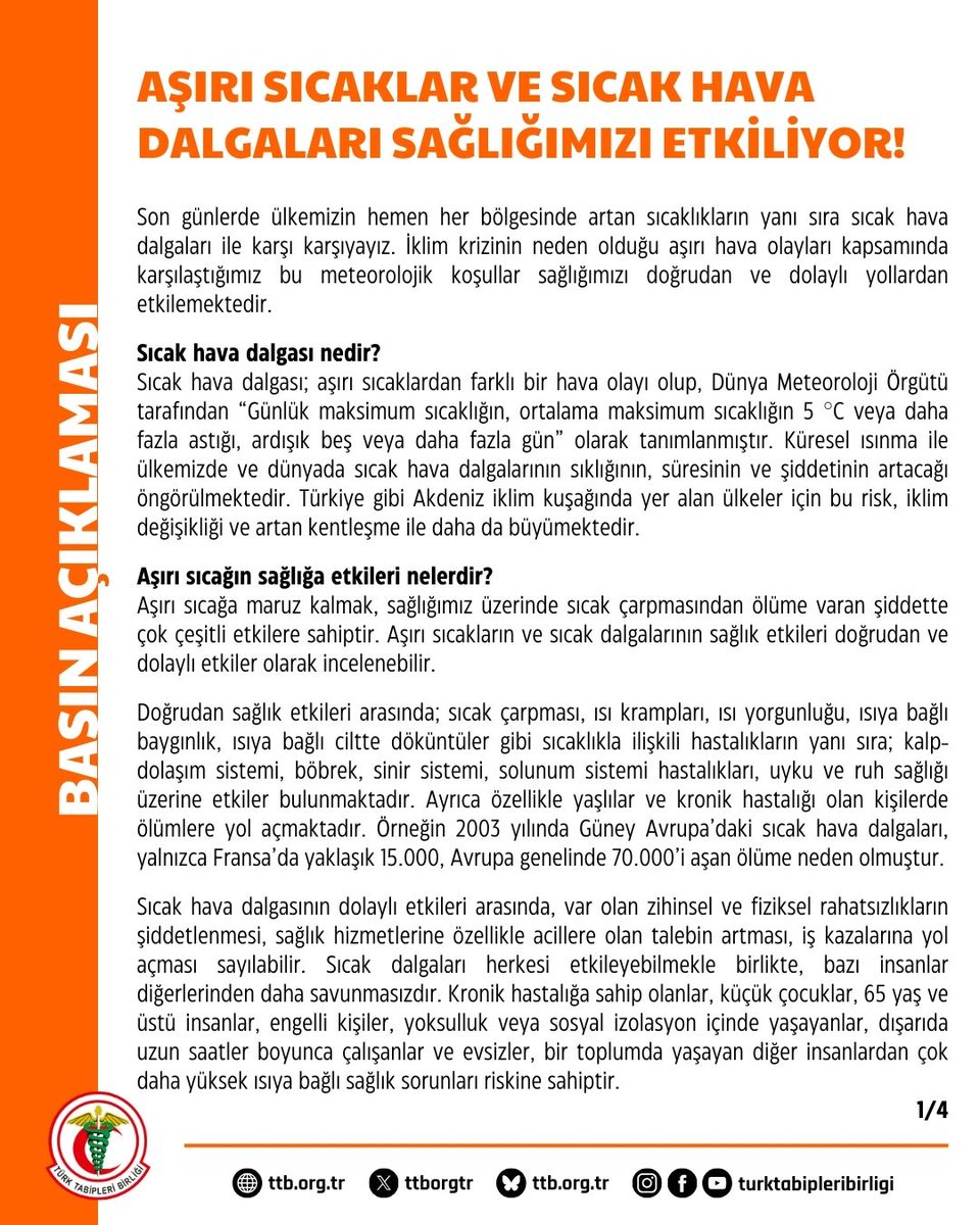 ttborgtr's tweet image. Aşırı Sıcaklar ve Sıcak Hava Dalgaları Sağlığımızı Etkiliyor!
👇
ttb.org.tr/845ykxa