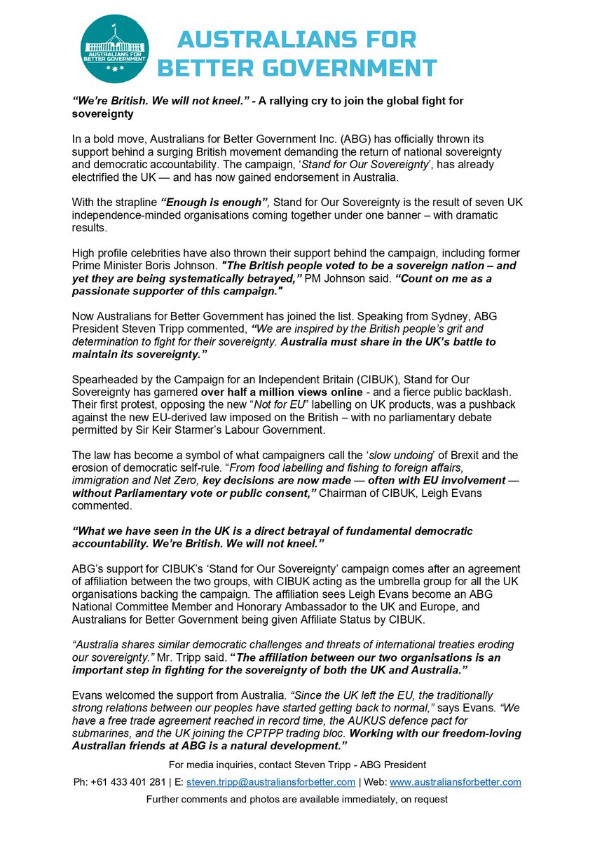 austforbetter's tweet image. ABG PRESS RELEASE - July 11, 2025
ABG Throws its Support Behind the UK's Stand for Our Sovereignty Campaign
@CibukOrg @Facts4euOrg