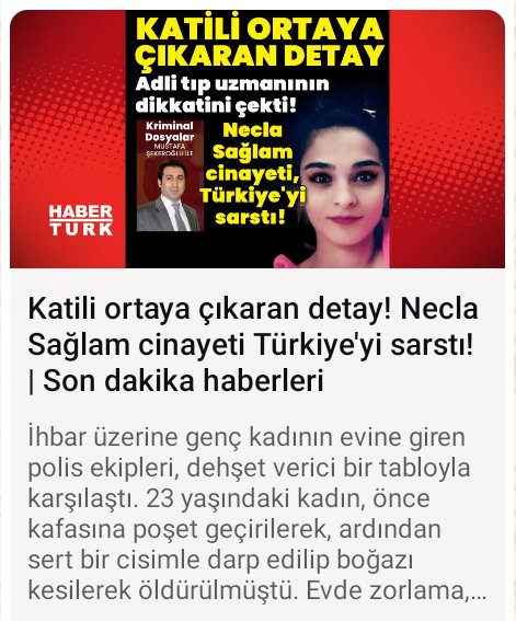 Buket Gül (@buket48gul) on Twitter photo Çağla Tugaltay cinayeti ile çok benzer bir cinayet. Tırnak altı DNA ile çözülen bir kapalı alan cinayeti. Katil alt kata gelen tesisatçı çıktı.
Mustafa Şekeroğlu yazdı. <a href="/msekeroglu3/">Mustafa ŞEKEROĞLU</a>
#caglatugaltayDNA
Okumak için link :
m.haberturk.com/katili-ortaya-… Çağla Tugaltay cinayeti ile çok benzer bir cinayet. Tırnak altı DNA ile çözülen bir kapalı alan cinayeti. Katil alt kata gelen tesisatçı çıktı.
Mustafa Şekeroğlu yazdı. <a href="/msekeroglu3/">Mustafa ŞEKEROĞLU</a>
#caglatugaltayDNA
Okumak için link :
m.haberturk.com/katili-ortaya-…