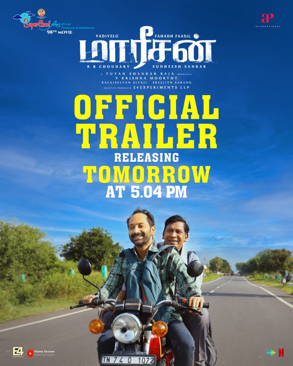 The unmissable combo of #FahadhFaasil &amp; #Vadivelu is here! 
Get ready for #Maareesan Trailer Releasing Tomorrow at 5:04 PM
The wait ends, The magic begins !!

A <a href="/thisisysr/">Raja yuvan</a> Musical 
Produced by <a href="/SuperGoodFilms_/">Super Good Films</a> 

#FaFa #MaareesanTrailer #SudheeshSankar <a href="/actorvivekpra/">Actor Vivek Prasanna</a>