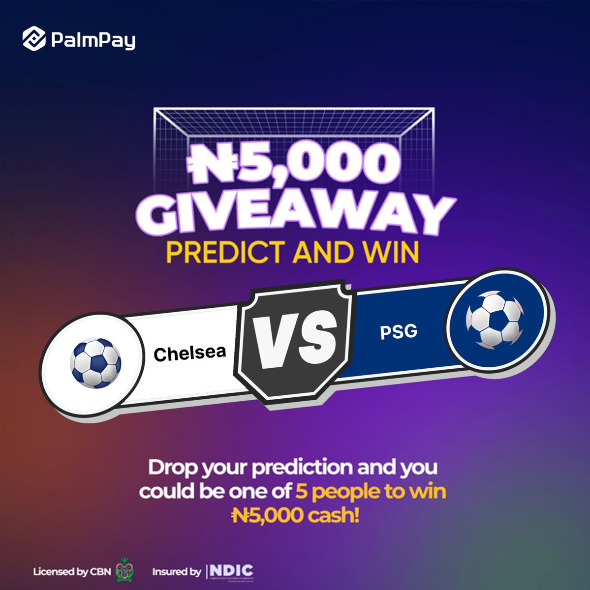 PalmPay Nigeria (@palmpay_ng) on Twitter photo Predict the correct score between Chelsea vs PSG in the Club World Cup final and stand a chance to be one of 5 people to win ₦5,000 cash.
Here's how to win:
- Follow us on <a href="/palmpay_ng/">PalmPay Nigeria</a>
- Tag 3 friends to this post
- Like this post
- Drop your prediction
#PalmPay Predict the correct score between Chelsea vs PSG in the Club World Cup final and stand a chance to be one of 5 people to win ₦5,000 cash.
Here's how to win:
- Follow us on <a href="/palmpay_ng/">PalmPay Nigeria</a>
- Tag 3 friends to this post
- Like this post
- Drop your prediction
#PalmPay