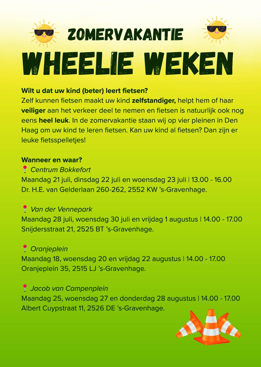 Ook deze zomervakantie organiseert de gemeente Den Haag de leukste fietsactiviteit voor kinderen: de Haagse #WheelieWeken
Dit jaar ligt de nadruk nog meer op leren #fietsen
Dus kom gezellig langs op 1 van de 4 pleinen 👇