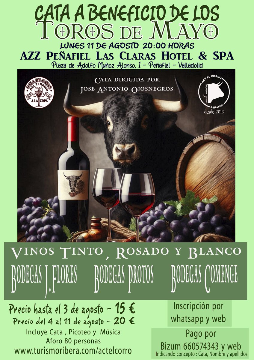 Os esperamos el lunes 11 de agosto , la noche de la verbena de Santa Clara en Peñafiel, a las 20:00 h en @hotelconventolasclaras para una nueva edición de nuestras Catas a Beneficio de los Toros de Mayo.

Aforo limitado a 80  personas, no te quedes sin tu plaza

#torosdemayo