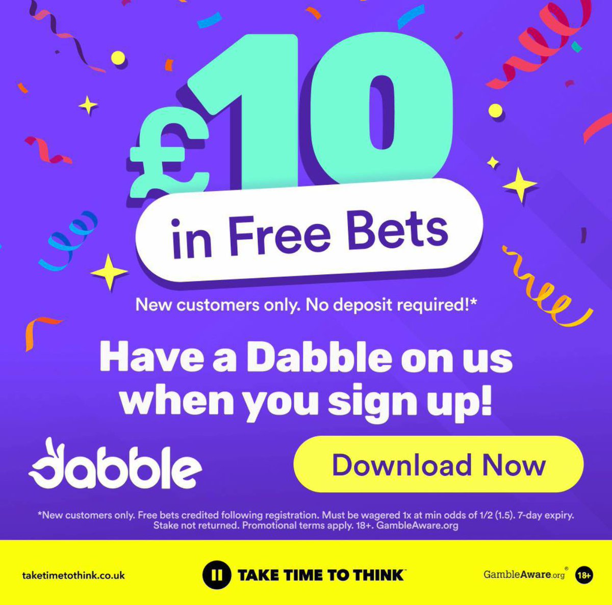 £10 FREE BET WITH NO DEPOSIT REQUIRED 🤩 

FOR TONIGHTS BIG GAME ⚽️

Well this is the meaning of a no brainier 😅

A new bookies on the scene who want to show us how good they are..

Sign up below and get your FREE Tenner 👇 

bit.ly/DabbleFree10

18+ begambleaware.org