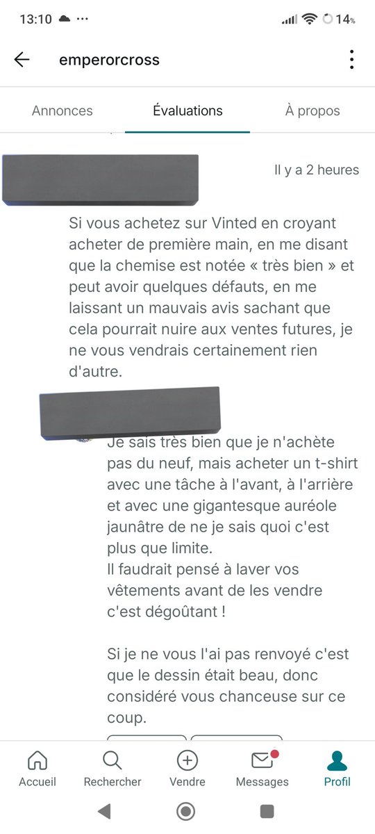 EmperorCrossV2's tweet image. J&apos;ai acheté un t-shirt sur Vinted, il paraissait bien et est arrivé taché devant, derrière et avait une gigantesque auréole jaunâtre de je ne sais quoi

Et après je me tape 1 étoile en disant &quot;OUi mAiS c&apos;Est PaS Du nEuf&quot; vos gueule et lavez vos vêtements avant de les vendre