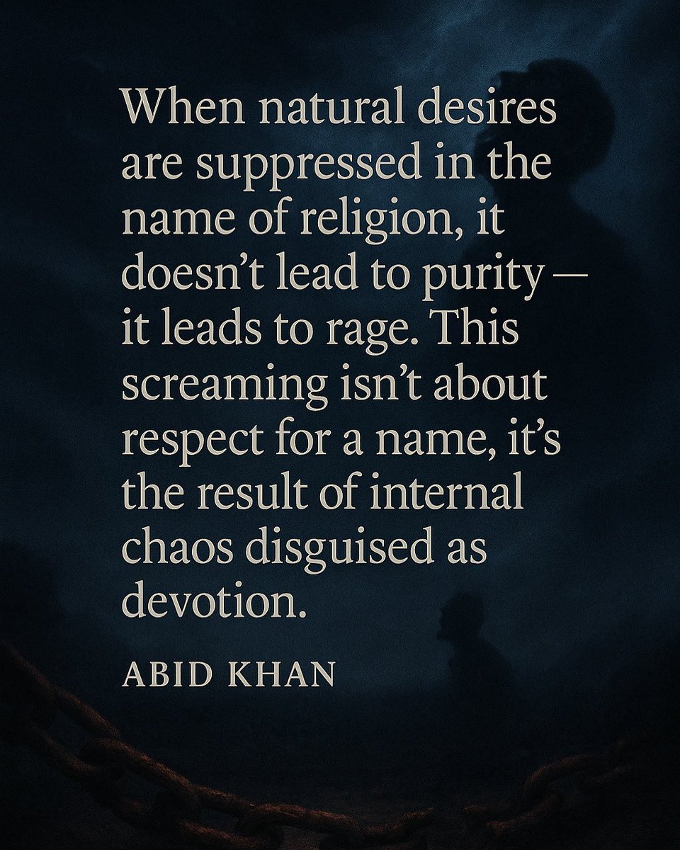 abidkhan_author's tweet image. They scream “respect the name” while burying their own human desires.

This isn’t faith. It’s rage born from repression.
It’s chaos disguised as devotion.

— Abid Khan
#HolyTrap #ExMuslim #ReligiousTrauma #IslamicExtremism #FreedomFromFear #DeconstructIslam #AbidKhan