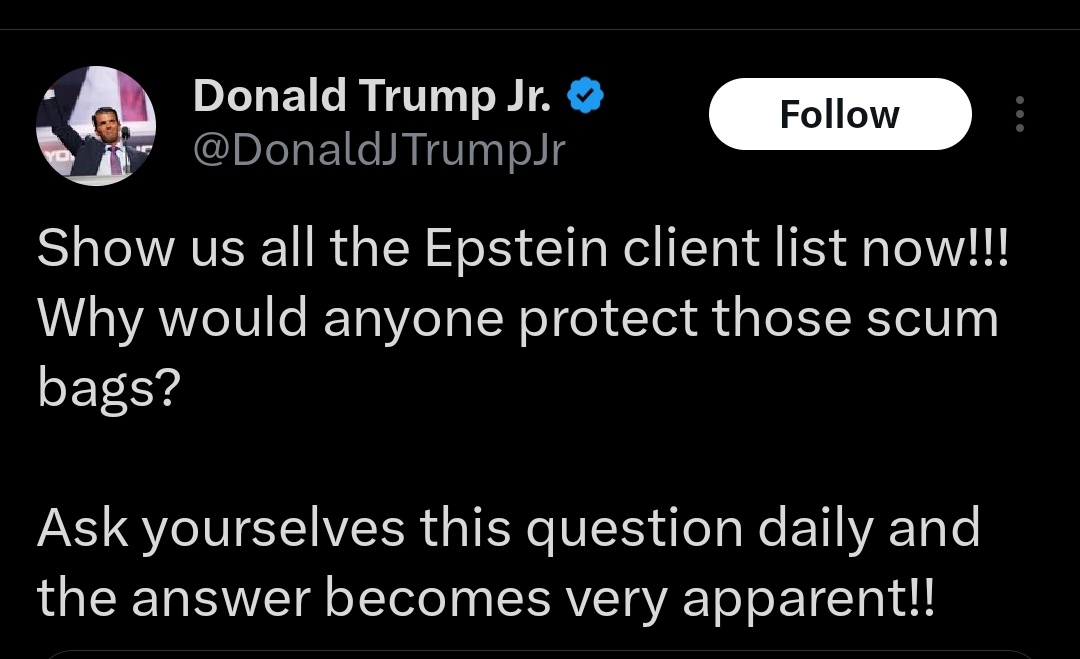 Daractenus's tweet image. The son of your cretin orange god posted this in 2024.
Have you figured out the answer to that question MAGA?