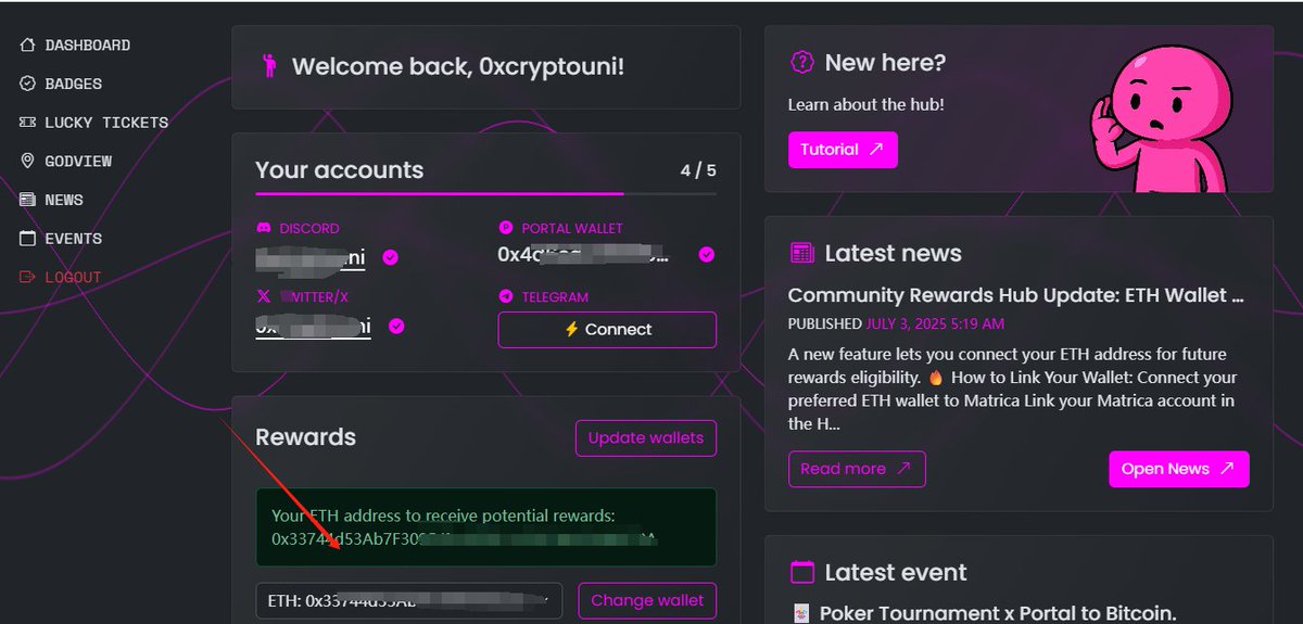 梳理一下Portal必做的几个任务 <a href="/PortaltoBitcoin/">Portal</a> 

🌀Portal推出Lucky Jelly徽章活动，参与者在DC频道输入/ticket_claim，领取每日“幸运彩票”，然后访问：hub.portaltobitcoin.com/dashboard
检查是否获得徽章或奖励。

♻️梳理一下Portal必做的几个任务
1⃣官网的quest任务