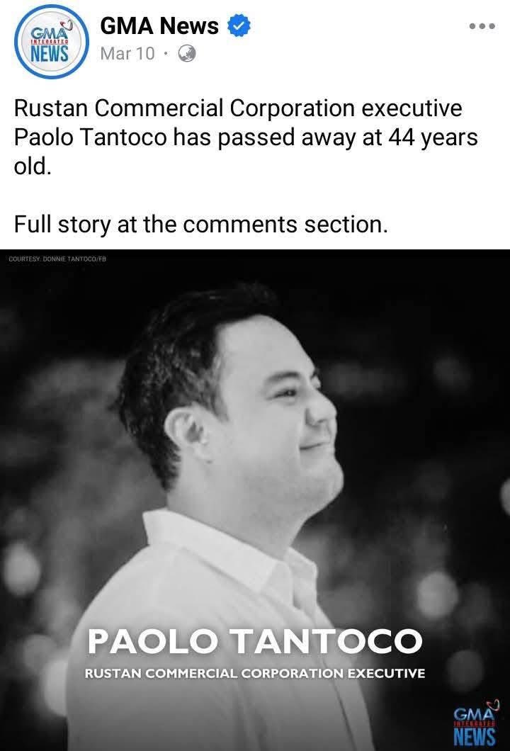 iSabongera's tweet photo. GMA News deleted their post about the passing of Juan Paolo Tantoco, who was included in Liza Marcos' entourage in the US on March 4-7, 2025. It's really different when you take a screenshot quickly. 

March 10,2025 (deleted) 
July 13, 2025 (deleted) https://t.co/DXhNF3Gksz