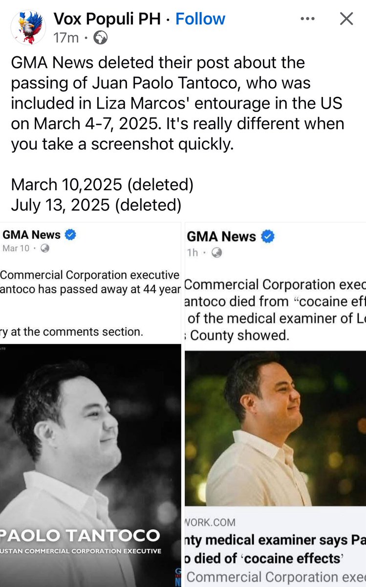 iSabongera's tweet photo. GMA News deleted their post about the passing of Juan Paolo Tantoco, who was included in Liza Marcos' entourage in the US on March 4-7, 2025. It's really different when you take a screenshot quickly. 

March 10,2025 (deleted) 
July 13, 2025 (deleted) https://t.co/DXhNF3Gksz