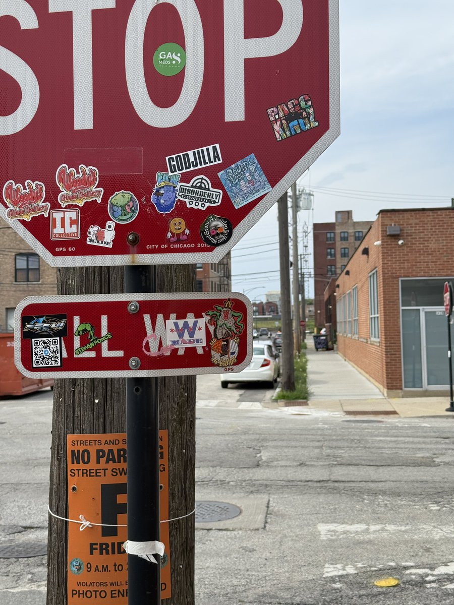 Statevillain's tweet photo. Chicago “Sticker Graffiti.” N. Laflin and W. Fulton. #Chicago #streetsofchicago #stopsigns #stickermania #urban_photography #street #photo #statevillain https://t.co/o6bGXwM8Xr