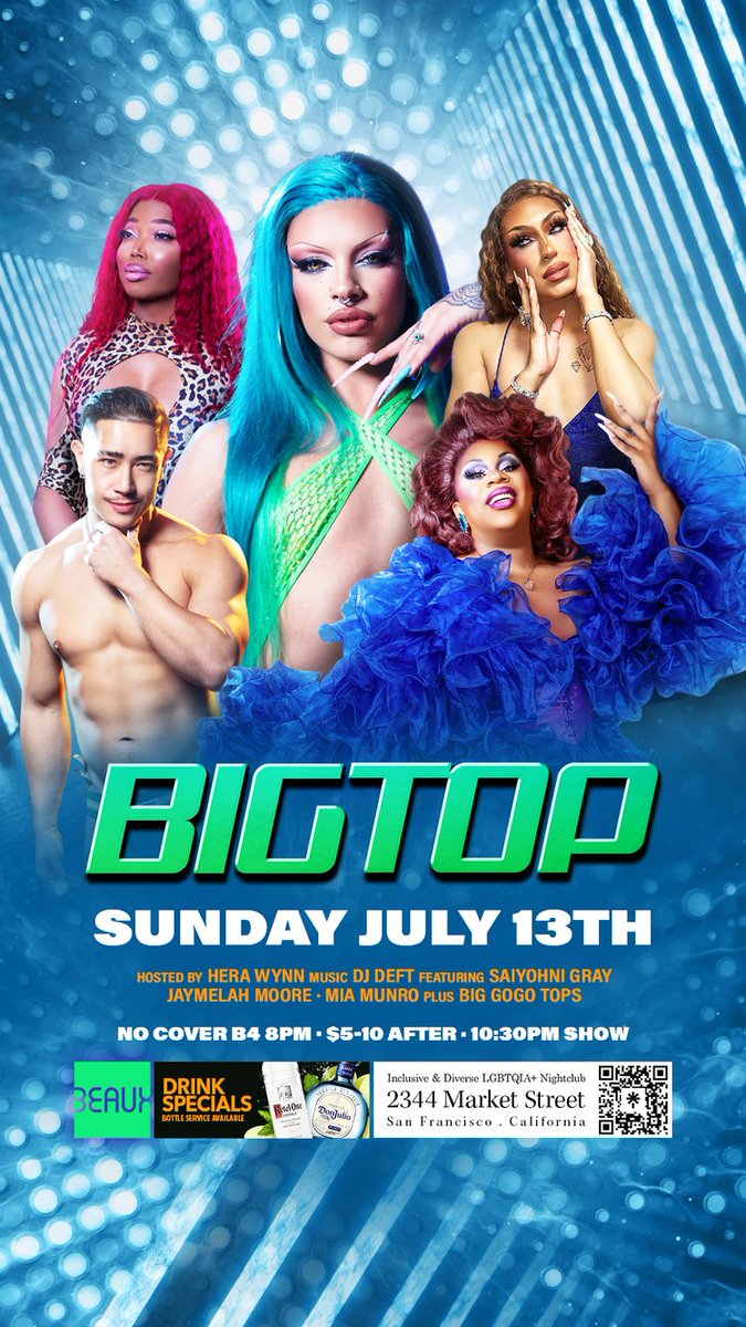 Big Top Sundays at <a href="/BeauxSF/">BEAUX</a> 
A homo disco circus hosted by <a href="/herawynnsf/">Hera Wynn 🏳️‍⚧️</a> with the Bay Area's best drag performers.
<a href="/JaymelahMoore/">Queeny With A Weenie</a> 
<a href="/SaiyohniGray/">SaiyohniGray</a> 
Music by <a href="/djdeftSF/">DJ DEFT</a> 
No cover before 8PM
10:30PM show
