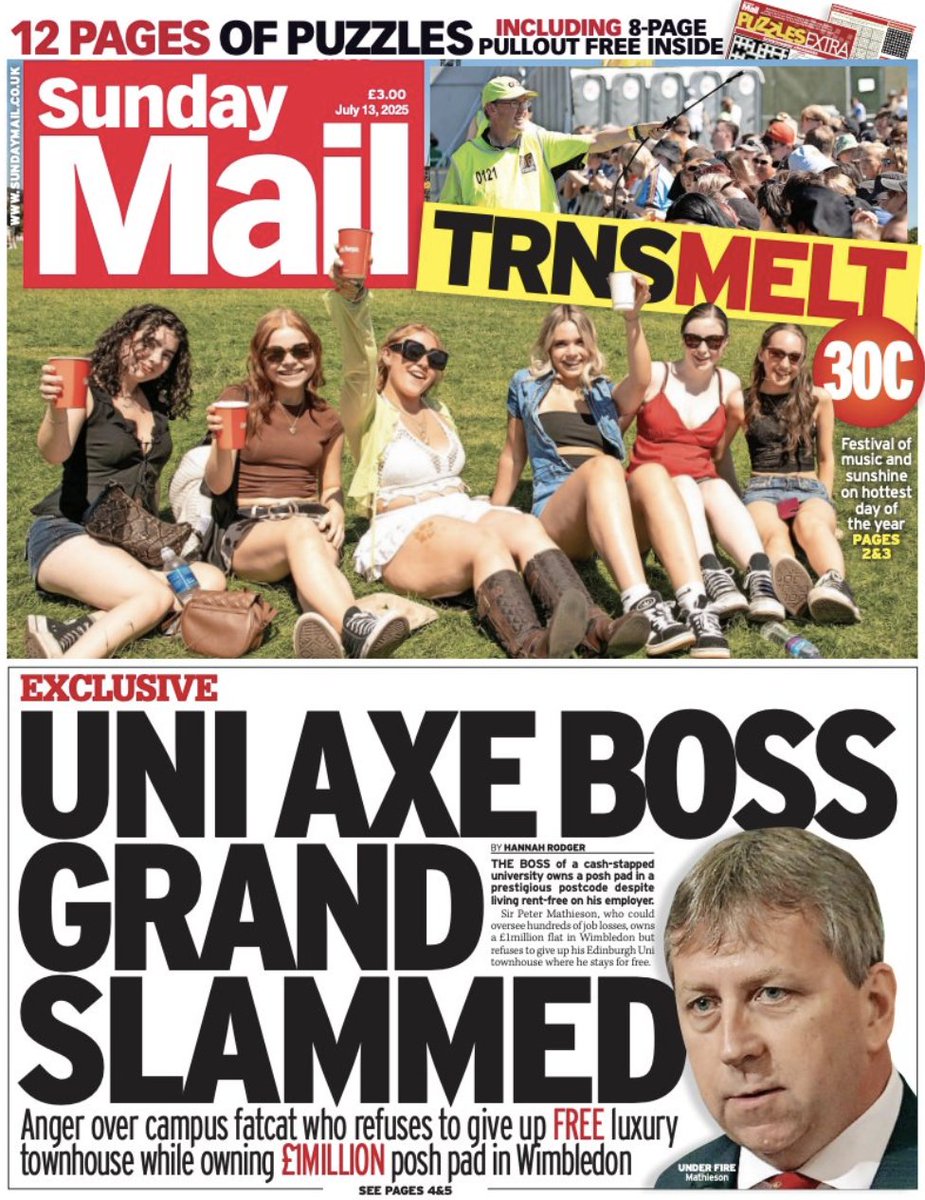 Sunday_Mail's tweet image. Good morning! Here is today's Sunday Mail front page, which leads on the boss of a cash-stapped university who owns a posh pad in a prestigious postcode despite living rent-free on his employer.
#scotpapers