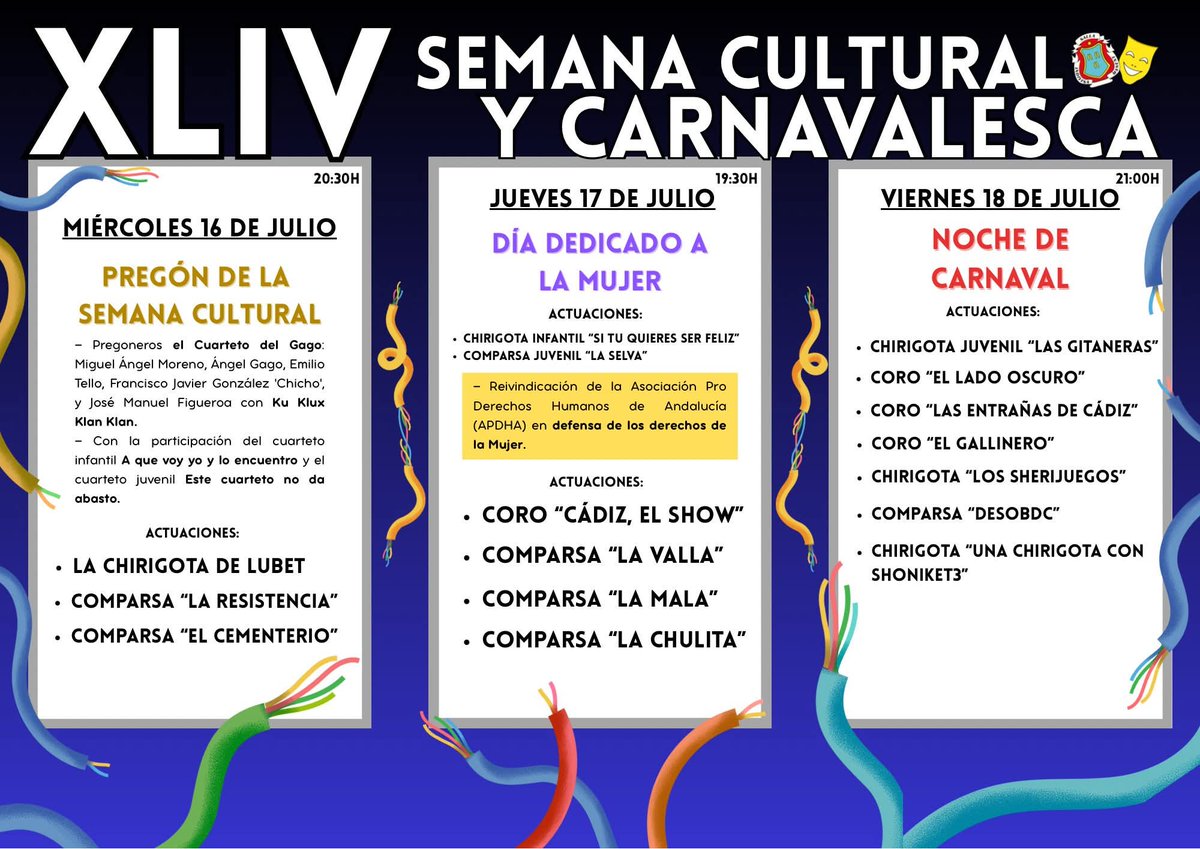 Magnífica semana cultural la que nos ha preparado la Peña Salle-Viña! El viernes 18 estaremos en la plaza Manuel Santander compartiendo escenario junto a grandes compañeros!
📍 Plaza Manuel Santander 
🕒 21.00 h
📆 18 de Julio
#Lasentrañasdecadiz  #sentrañita #CorodeDavidyPedrosa