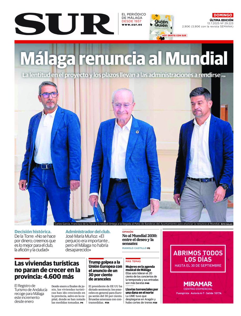 📰 Buenos días. Hoy, #portadaSUR destaca la renuncia de #Málaga al Mundial de 2030. También es noticia el crecimiento de las #viviendas turísticas en la provincia: 4.600 más de enero a junio portadas.diariosur.es/2025/07/13.htm…