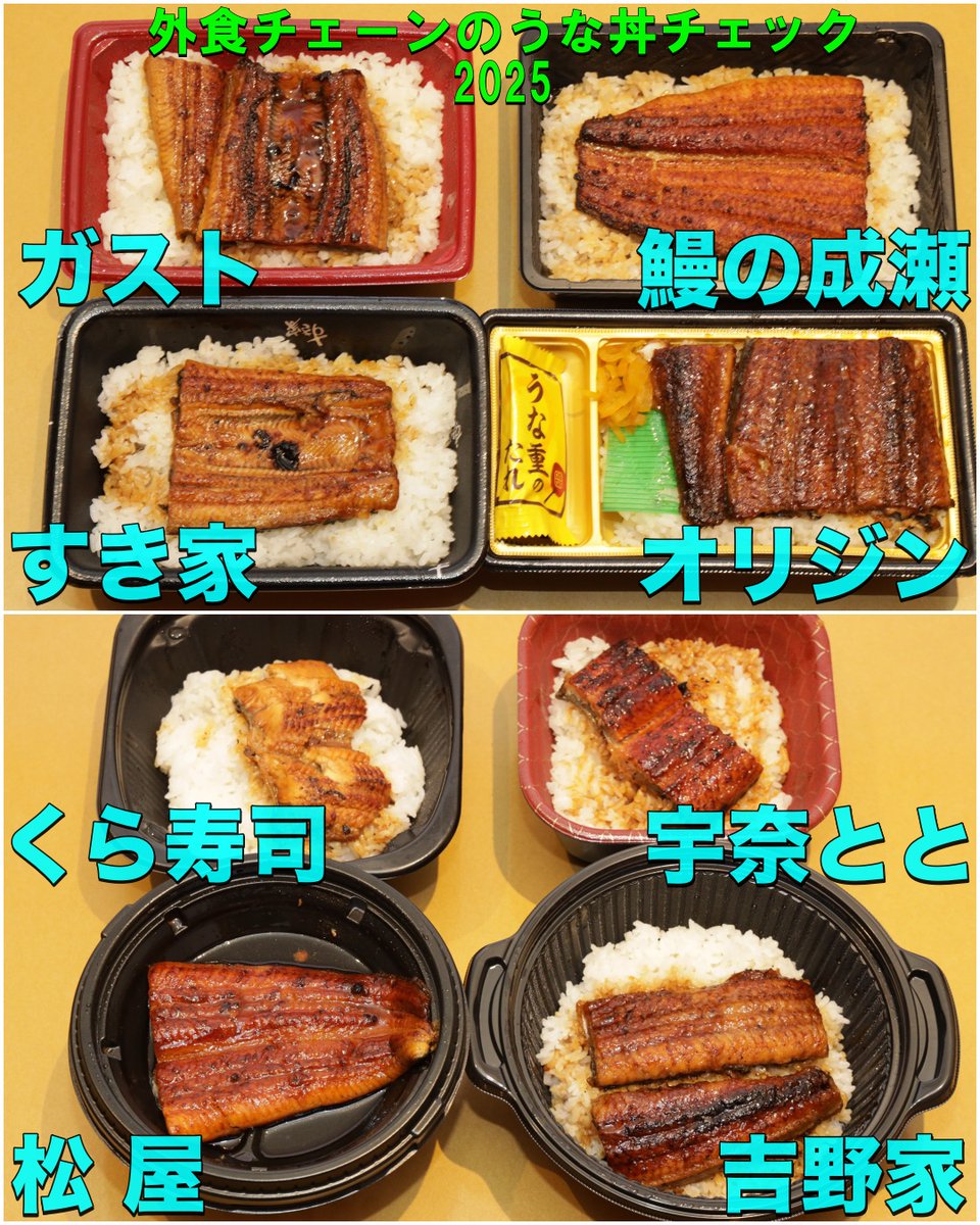 gokensha's tweet photo. 第6回「外食チェーンのうな丼チェック2025」の結果を恒健社サイトで発表致しました
今年の第一位はあの牛丼チェーン❗

https://t.co/32nVi8l0Jo

#うなぎ #うな重 #鰻 #食べ比べ #外食チェーンのうな丼 #土用の丑の日 #すき家 #松屋 #吉野家 #ガスト #くら寿司 #オリジン ＃宇奈とと  ＃鰻の成瀬 https://t.co/wXS0hinolc
