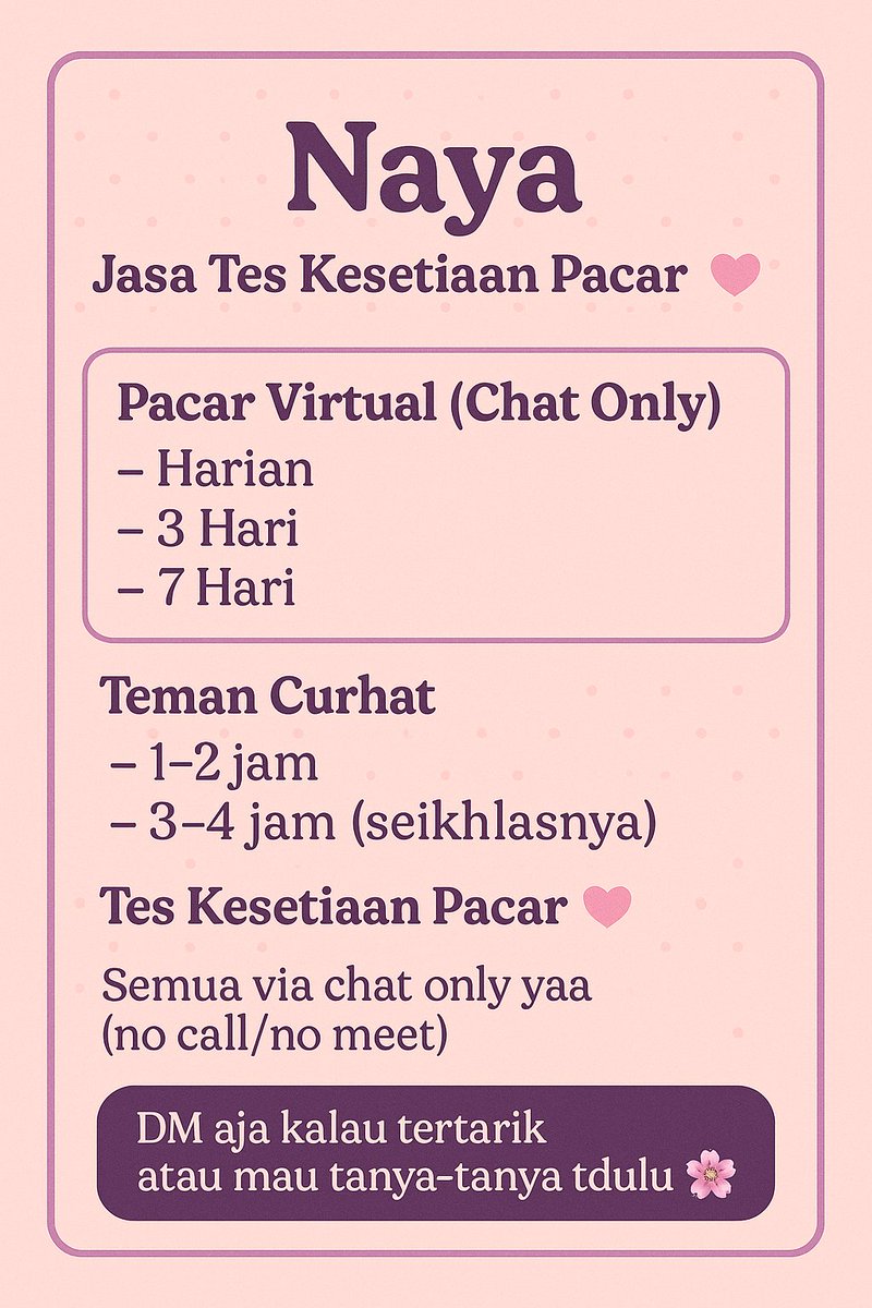 labiruru's tweet photo. 🌸 Pacar virtual cuma buat chat ✨
Butuh teman curhat? Mau tes kesetiaan si dia? Atau sekadar ditemenin ngobrol tiap malam?
Sini, DM aja 💌
Privasi dijamin, vibes-nya dijaga 🍃
#PacarVirtual #TemanCurhat #TesKesetiaan #OpenJasaChat #ButuhTeman #PacarSewaan #zonauang https://t.co/lAyiezWbiO