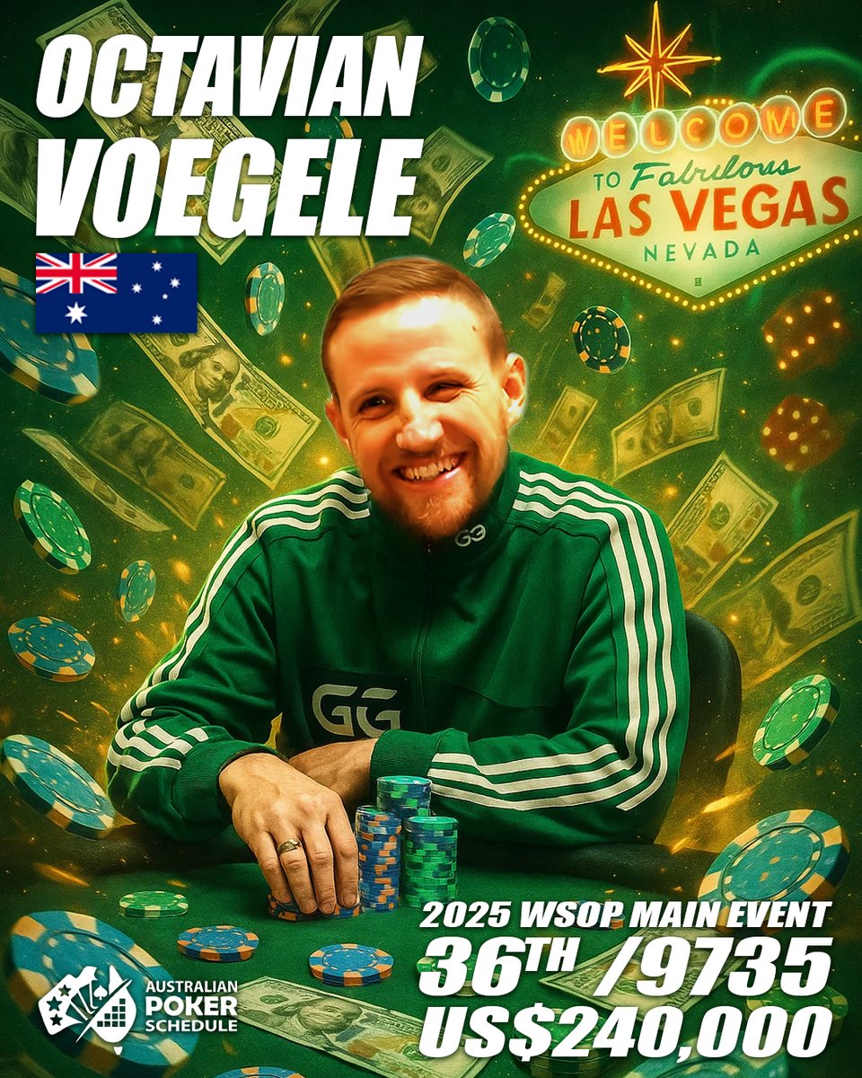 𝗚𝗚𝘀 𝗢𝗖𝗖𝗬! Congrats to Octavian Voegele on an incredible 36th place in the 2025 WSOP Main Event securing US$240,000 (~A$365,000) Congrats to all of the Aussies who cashed this event. Have a safe trip back! See you most of you back home on the Aussie felt at a series soon!