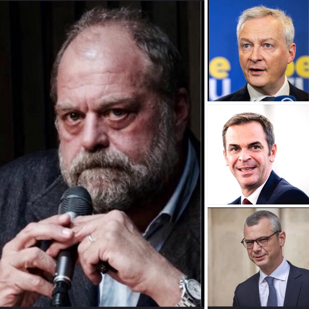 Qui peut m’expliquer pourquoi ces quatre ratés vont recevoir de la Légion d’honneur ? C’est une blague ou une provocation ?”
<a href="/olivierveran/">Olivier Véran</a> <a href="/E_DupondM/">Eric Dupond-Moretti</a> <a href="/BrunoLeMaire/">Bruno Le Maire</a> Alexis Kohler.
