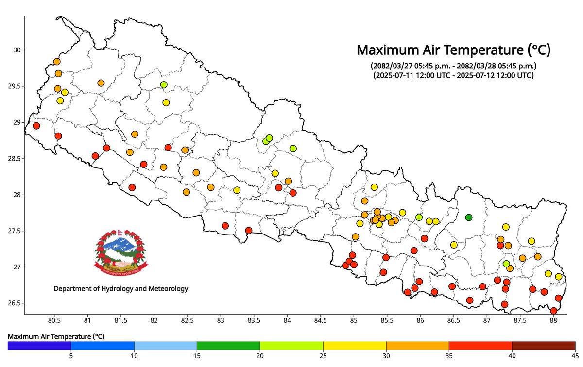 ClimateDhm's tweet image. #Daily_Weather_Summary_13th_July_2025
The highest daily precipitation (93.8mm) is recorded at Lumle (Kaski) today. The highest temperature (38.5°C) is recorded at Birgunj (Parsa) and the lowest (9.7°C) at Humde (Manang). For more, visit dhm.gov.np/climate-