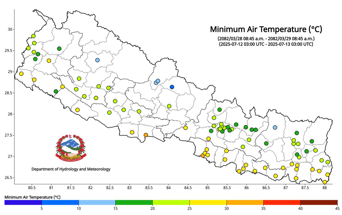 ClimateDhm's tweet image. #Daily_Weather_Summary_13th_July_2025
The highest daily precipitation (93.8mm) is recorded at Lumle (Kaski) today. The highest temperature (38.5°C) is recorded at Birgunj (Parsa) and the lowest (9.7°C) at Humde (Manang). For more, visit dhm.gov.np/climate-
