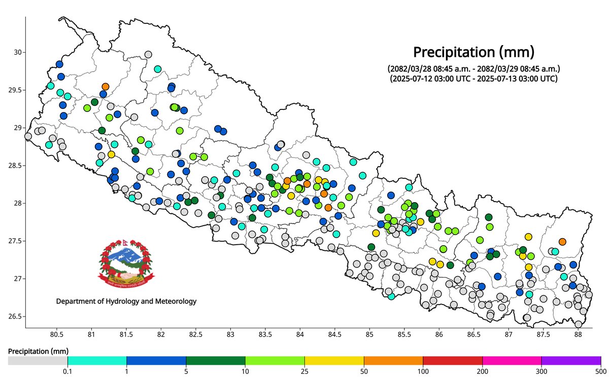 ClimateDhm's tweet image. #Daily_Weather_Summary_13th_July_2025
The highest daily precipitation (93.8mm) is recorded at Lumle (Kaski) today. The highest temperature (38.5°C) is recorded at Birgunj (Parsa) and the lowest (9.7°C) at Humde (Manang). For more, visit dhm.gov.np/climate-