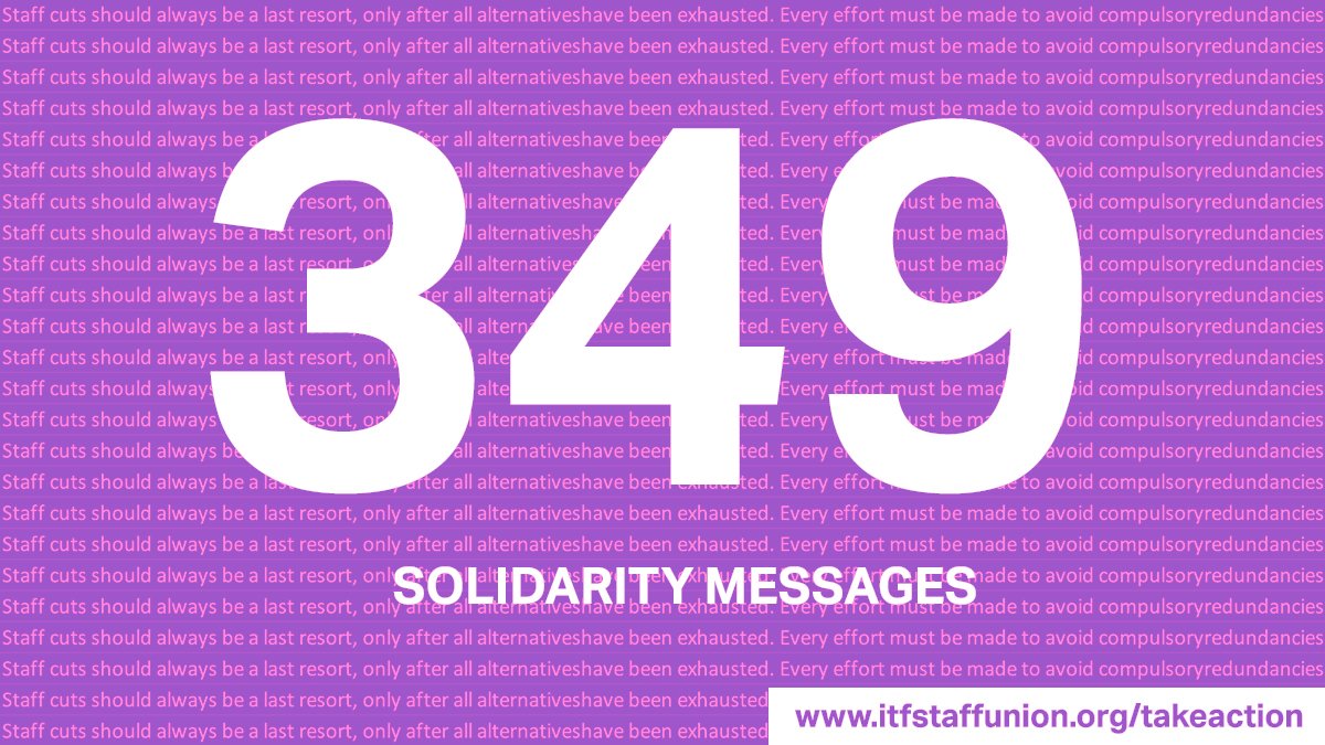 More than 349 solidarity messages with over 70 different unions represented! 

Why 349? Less than a year ago – 349 days to be exact – <a href="/ITFglobalunion/">International Transport Workers' Federation (ITF)</a> was still actively recruiting to expand its Communications team as a strategic priority.