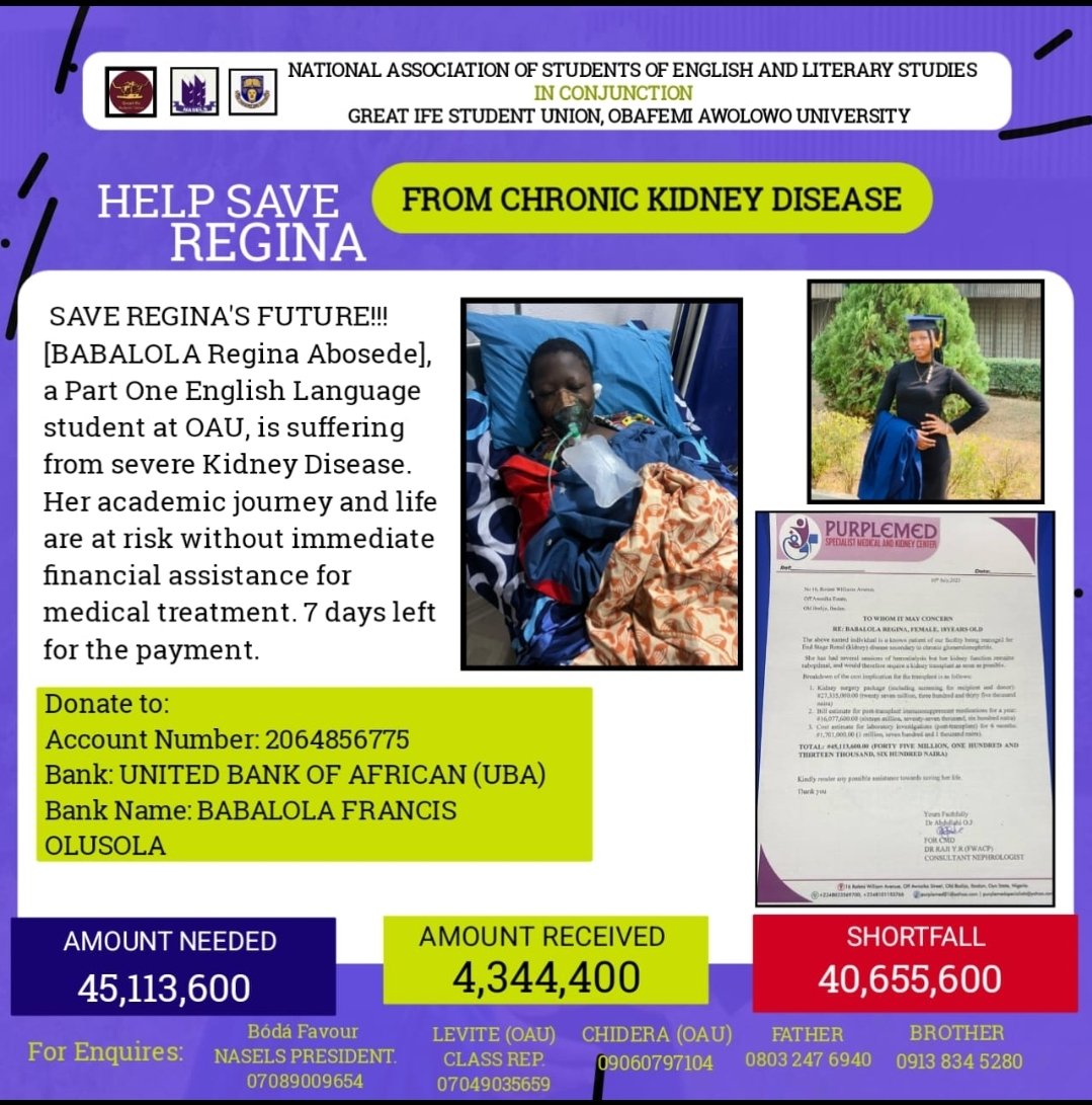 ₦4,334,400/₦45,000,000 raised so far! PLEASE RETWEET WHEN THIS CROSSES YOUR TIMELINE.

No amount is small, send your donations to:

2064856775
UBA
Babalola Francis Olusola