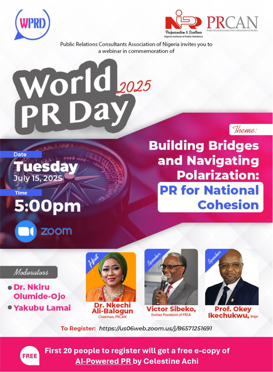 PRCAN_ng's tweet image. Join Us for an Exciting Webinar on World PR Day
on July 15th
5:00 PM WAT
Whether you're a PR pro or passionate about strategic communication, this webinar is for you!
The first 20 people to register and attend will receive an e-book
Register now : bit.ly/worldprday