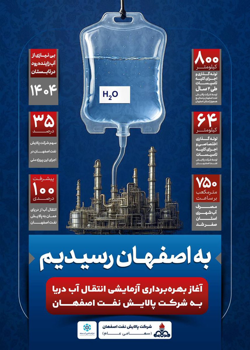 didbaniran's tweet image. گام بلند پالایشگاه اصفهان در تأمین پایدار آب صنعتی
✍️ سهم ۳۵ درصدی شرکت پالایش نفت اصفهان در اجرای پروژه ملی بهره برداری از آب دریا/ مصرف آب شهری #پالایشگاه_اصفهان به طور کامل قطع شد.