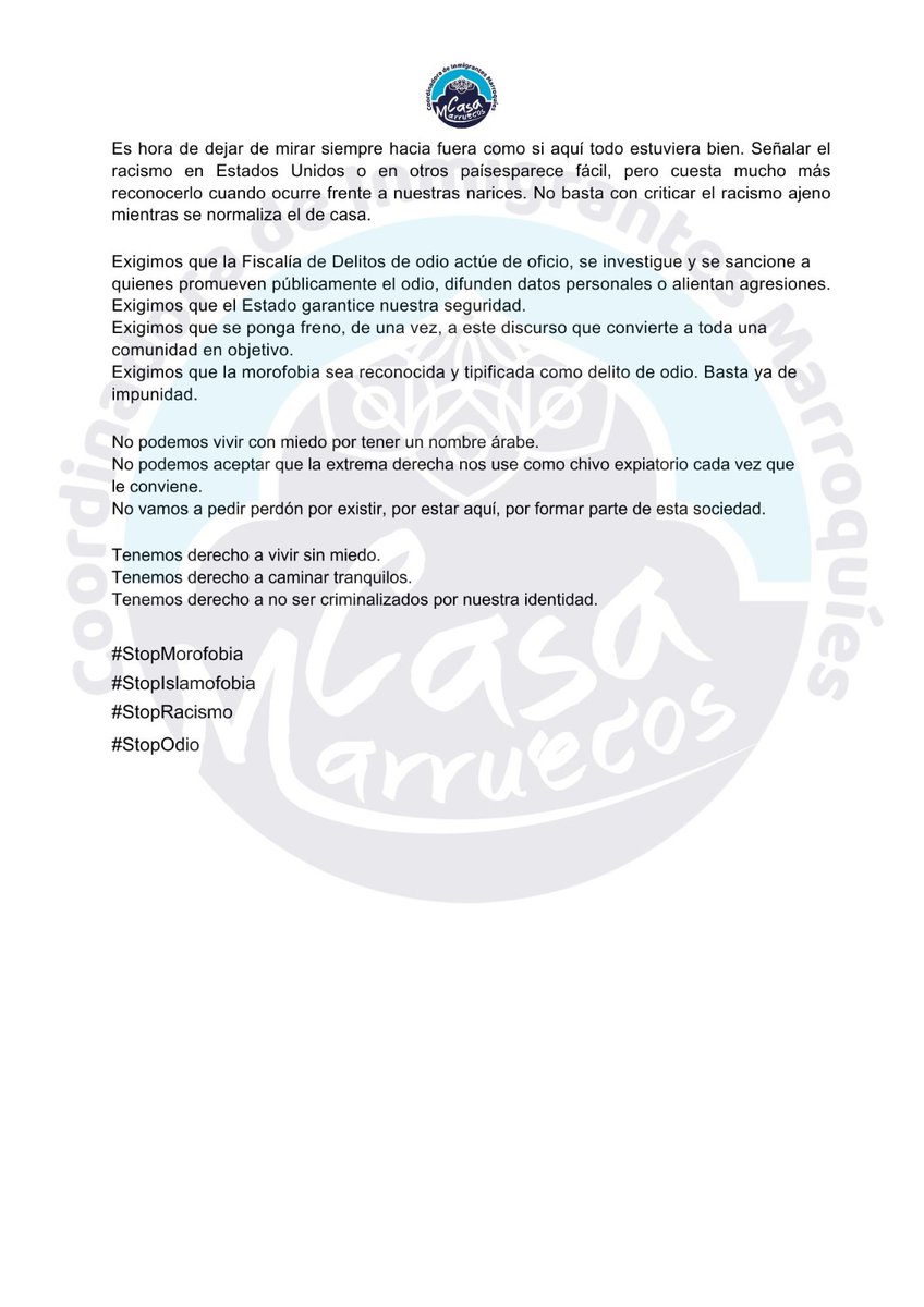 casa_marruecos's tweet photo. 🔴COMUNICADO DE CASA MARRUECOS SOBRE LOS HECHOS OCURRIDOS EN TORRE PACHECO🔴
#StopMorofobia
#StopIslamofobia
#StopRacismo https://t.co/FBzPTwBvGf