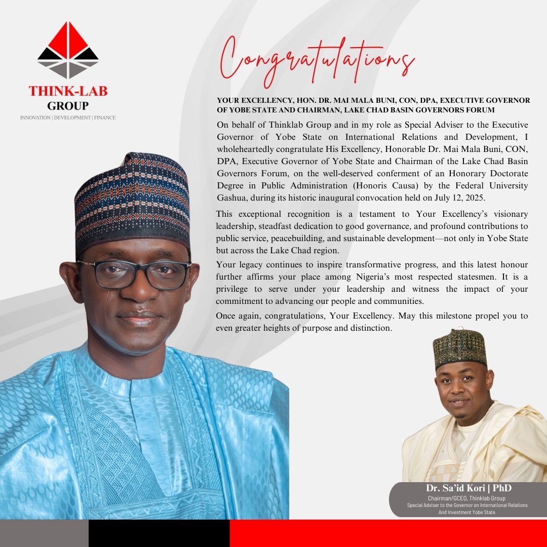 MusaGwary's tweet image. Dr. @Arc_SaidKori congratulates Governor Buni on Honorary Doctorate from Federal University Gashua.