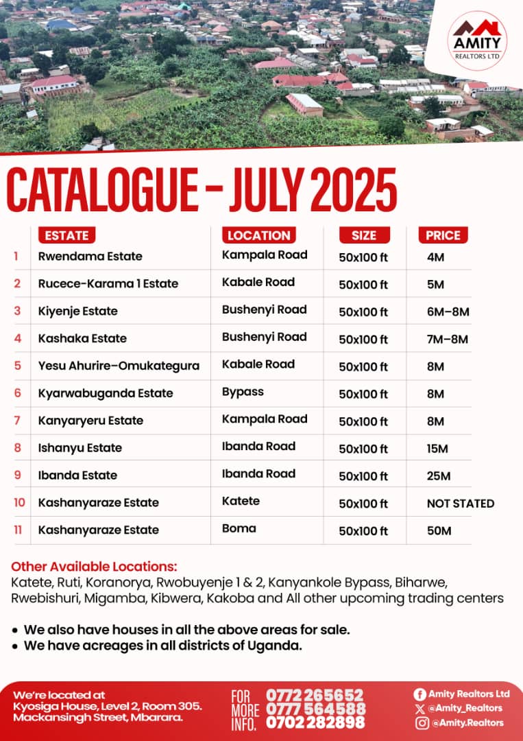 🏡 LAND CATALOGUE – JULY 2025

Plots (50x100ft) from UGX 4M–50M in:
📍 Rwenjeru, Karama, Kiyenje, Kashaka, Omukategura, Kyarwabuganda, Kanyaryeru, Ibanda, Katete, Boma &amp; more.

🌍 Houses + Acreages available across Uganda!

📞 Call now to own your piece of Uganda.

#RealEstateUG