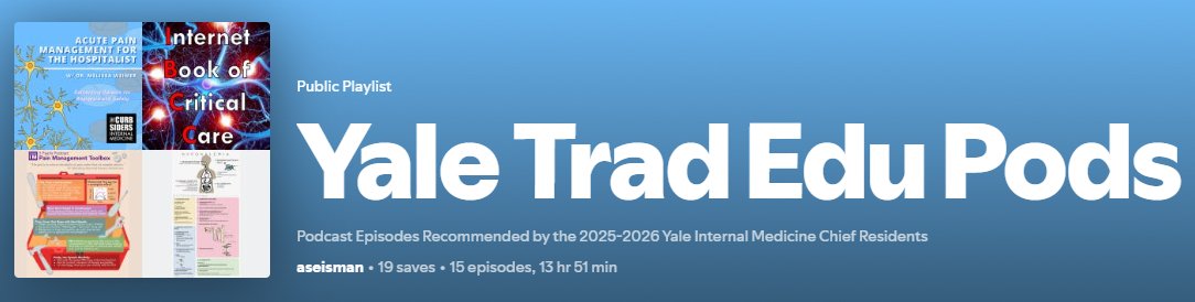 Looking for great podcasts to listen to on the road? 🎧

Our awesome PGY2, Aaron Eisman, curated a Spotify playlist featuring our noon report topics &amp; related podcast episodes recommended by our chiefs.

Check it out! #MedEd #MedTwitter #InternalMedicine

bit.ly/40eV3s8