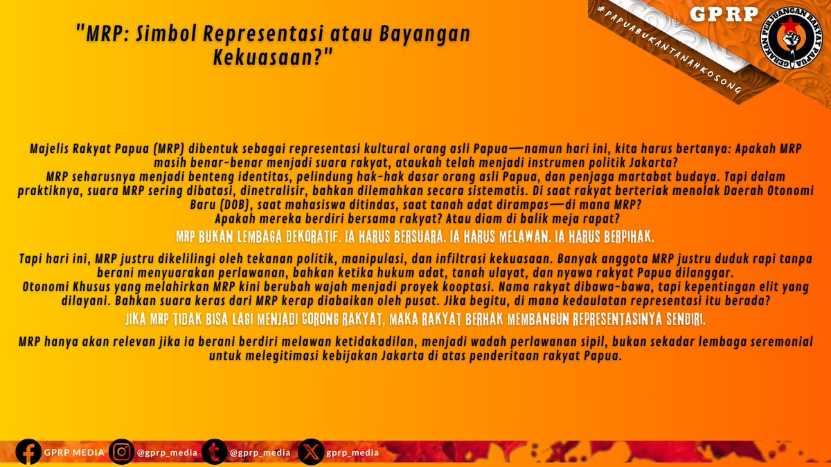 GPRP2022's tweet photo. Jika MRP tidak lagi jadi corong rakyat Papua, maka rakyat berhak membangun representasinya sendiri.
#papuabukantanahkosong
#gerakan_perjuangan_rakyat_papua
#gerakanperjuanganrakyatpapua
#gprp
#neokolonialisme
#MRP
#westpapua
@pengikut
@prabowo https://t.co/zIMqcSJuhf
