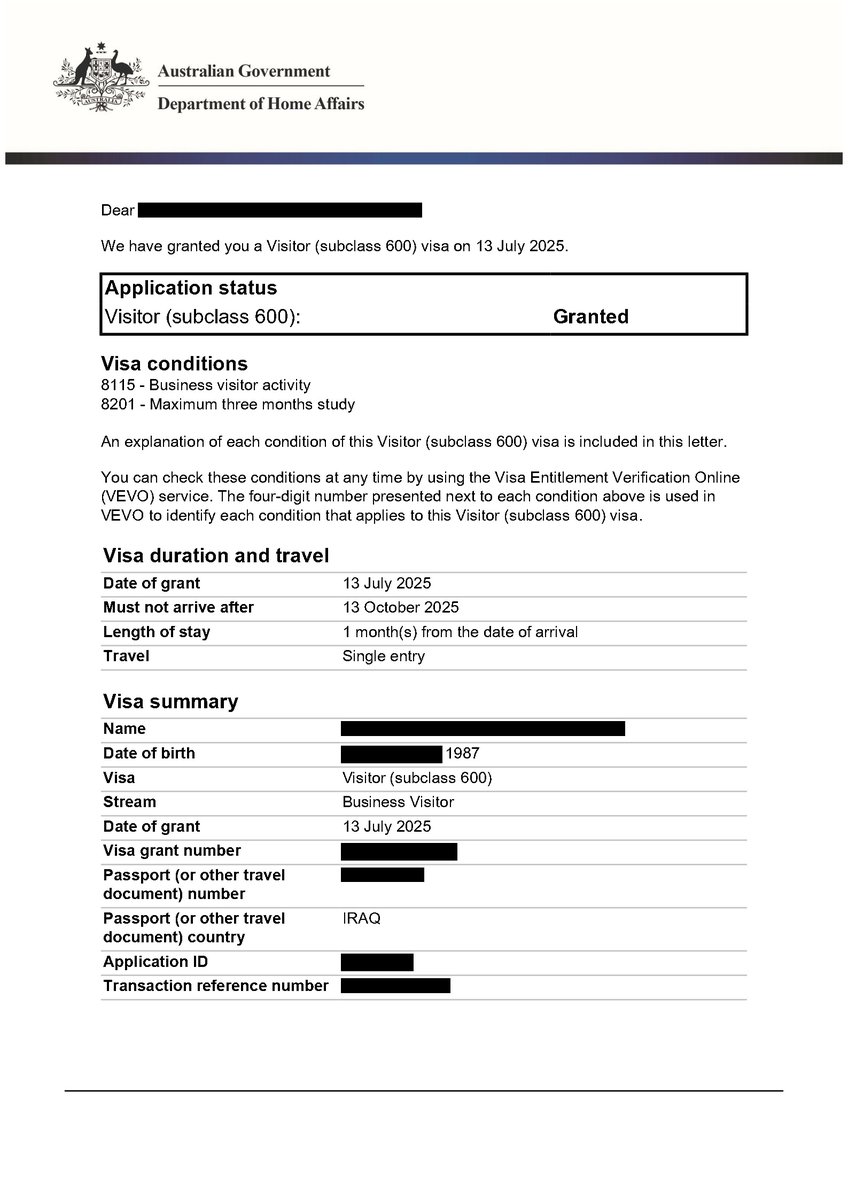 nicvisa's tweet photo. 🇮🇶 Our Iraqi client was refused a Visitor (subclass 600) visa after a self-managed attempt.

We rebuilt the case from the ground up—heavy document prep, complex strategy—and it’s now granted under the Business Visitor stream. 💼

#VisaGranted #Subclass600 #IraqToAustralia https://t.co/0YZTL3Gpk9