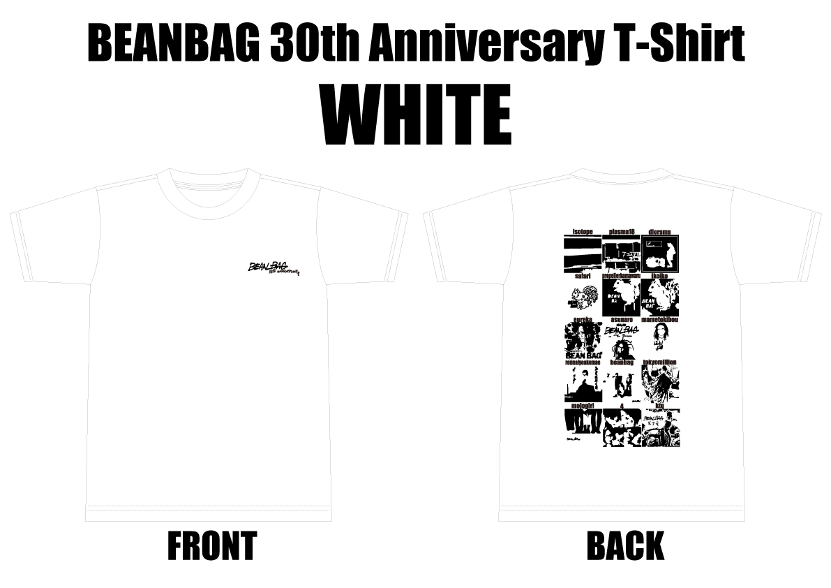 BEANBAG2024's tweet photo. BEANBAG30周年記念グッズ販売決定！

Tシャツの背面は歴代のCDジャケットをモチーフにしたデザイン。
前面は使いやすいワンポイントです。

同様に歴代CDジャケットモチーフのタオルも。

7/26「ムロフェス」会場にて販売。

ぜひご購入お願いします！ https://t.co/m9ICGhqnjc