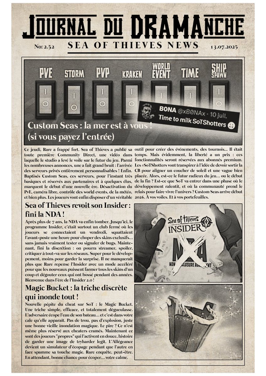 Cette semaine dans votre journal:            
➡️ Les Customs Seas arrivent !
➡️ La NDA et le programme Insider
➡️ Le Magic Bucket

<a href="/RareLtd/">Rare Ltd.</a> <a href="/SeaOfThieves/">Sea of Thieves</a> 
#SeaOfThieves  #bemorepirate