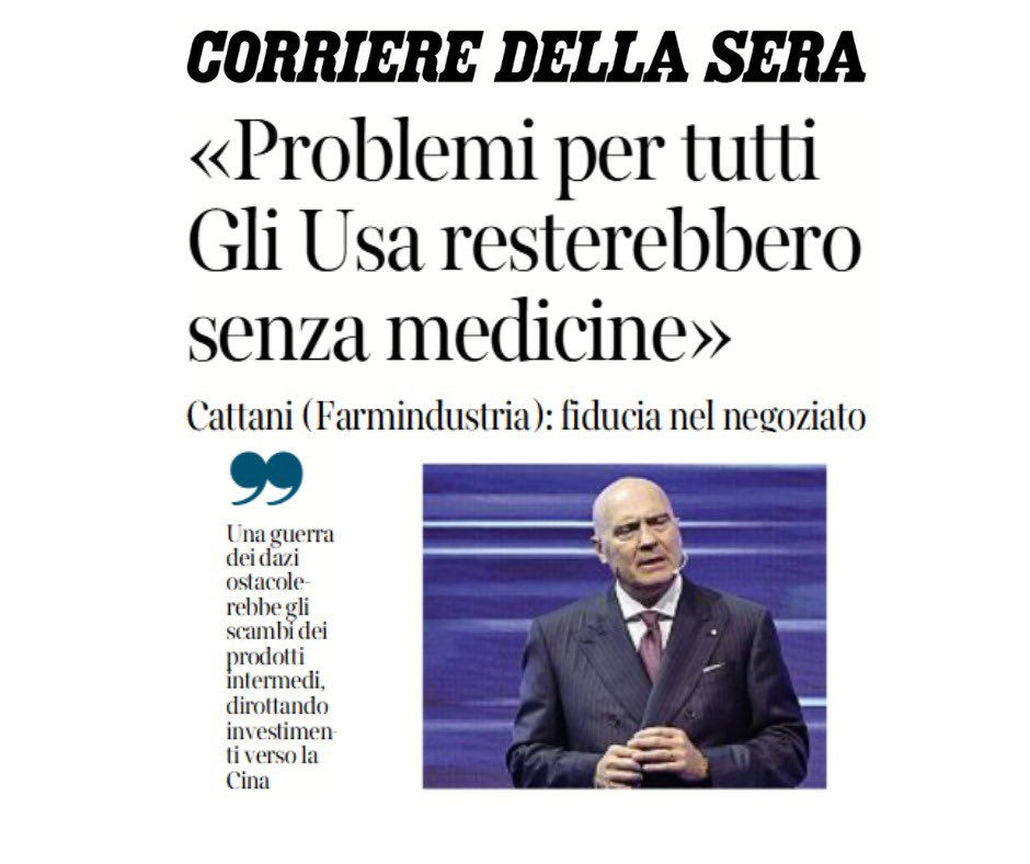 Farmindustria (@farmindustriatw) on Twitter photo Oggi su <a href="/Corriere/">Corriere della Sera</a> intervista a <a href="/MarcelloCattani/">Marcello Cattani</a> Presidente di #Farmindustria sulla lettera di Trump alla UE che annuncia dazi al 30% dal 1° agosto. Oggi su <a href="/Corriere/">Corriere della Sera</a> intervista a <a href="/MarcelloCattani/">Marcello Cattani</a> Presidente di #Farmindustria sulla lettera di Trump alla UE che annuncia dazi al 30% dal 1° agosto.