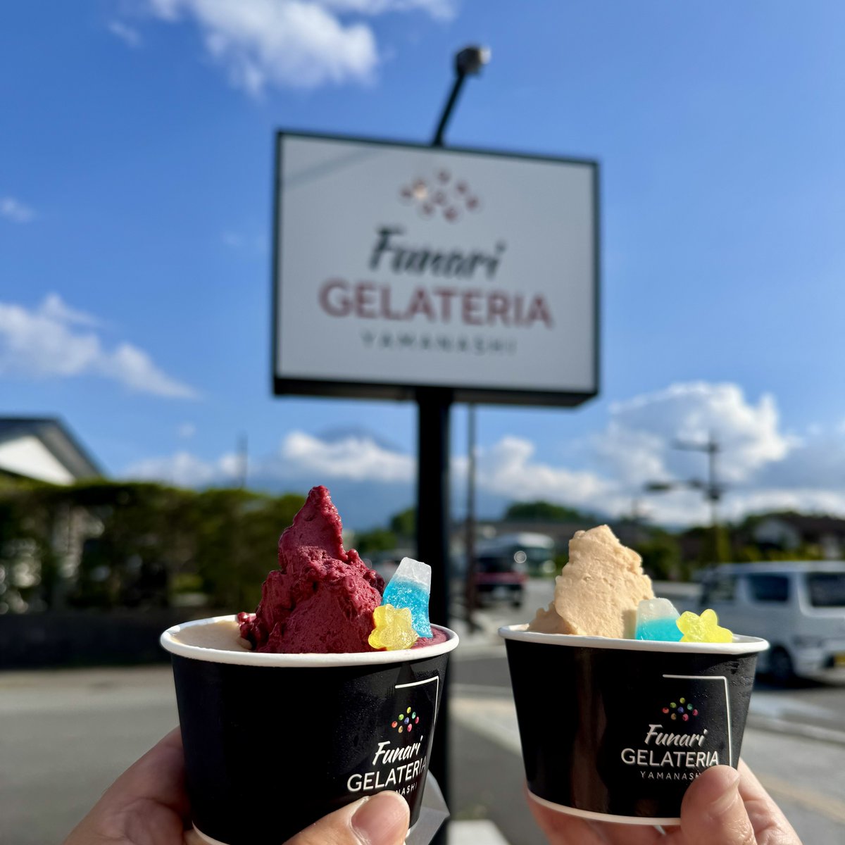 BaseBumps's tweet photo. 帰る前に🙈 #ソフ活🍦?
#ブルーベリー🫐 #鳴沢産
#桃🍑 #笛吹産
#GELATERIA #funari
看板の奥に富士山🗻見える🐒 https://t.co/dsZGyceqA2