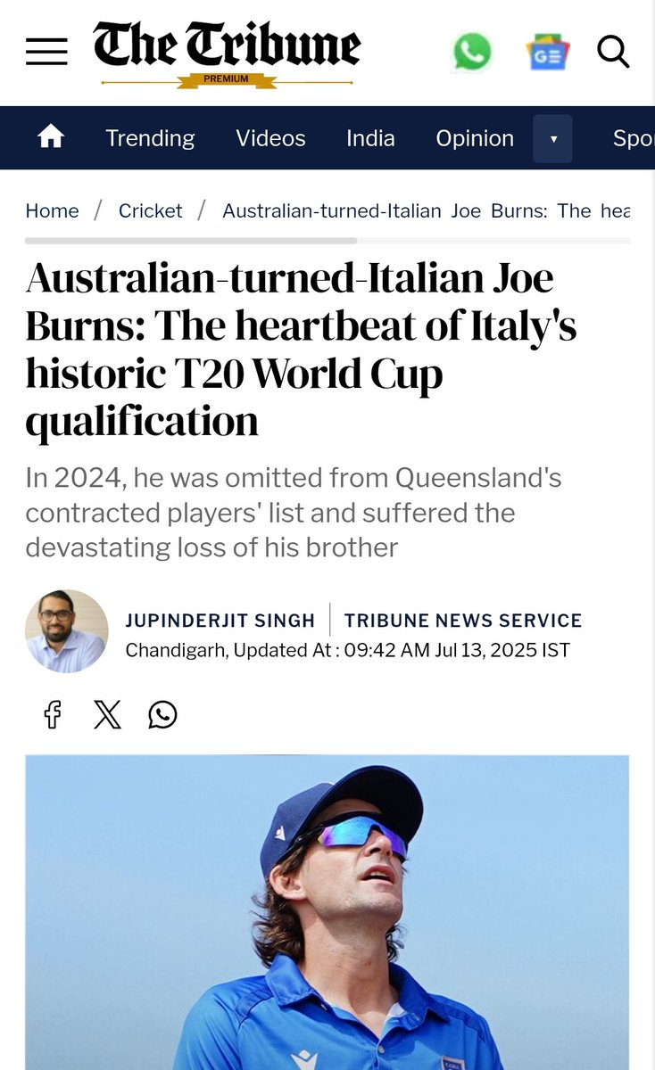 japs99's tweet image. He bounced back from personal and professional losses to take Italy to the T20 World Cup. Meet Australian turned Italian Joe Burns 
The Tribune #Joeburns

Click the link: 

tribuneindia.com/news/cricket/a…
@thetribunechd @jomalhotra