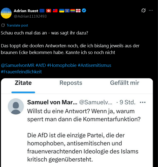 SamuelvonMR's tweet image. Wenn das das erste Mal ist, dass jemand das Thema aufgebracht hat, redet er scheinbar nicht viel mit "Rechten". Hat mich natürlich auch promp geblockt.
Bin übrigens links-liberal, aber egal.