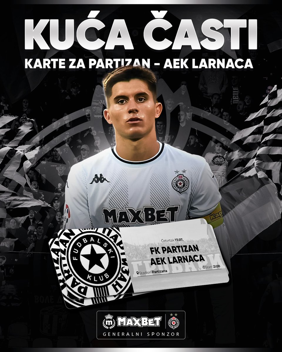 Kuća časti karte za prvu domaću utakmicu ove sezone! 🎁

U četvrtak na stadion Partizana dolazi AEK iz Larnake. Crno-beli imaju aktivan rezultat, ali im je za pobedu potrebna podrška sa tribina. Kompanija MaxBet kao generalni sponzor FK Partizan poklanja 20 karata za ovu