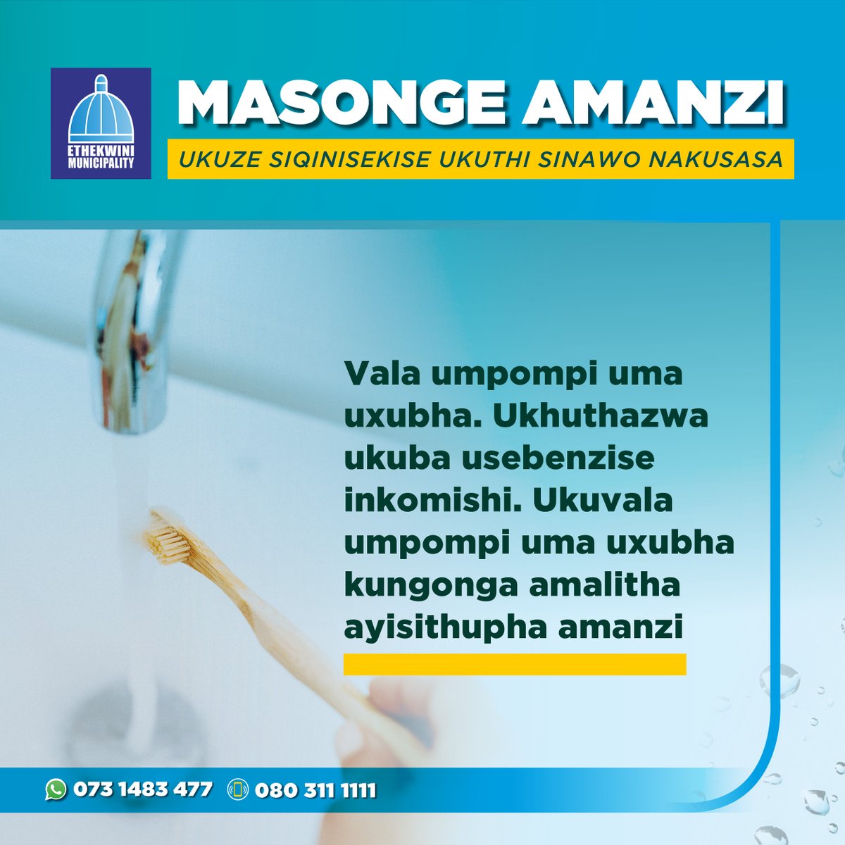 eThekwiniM's tweet photo. #UseWaterSparingly
#MasongeAmanzi https://t.co/WgFgHKguKz